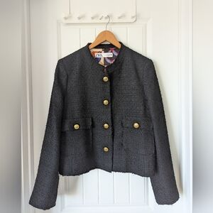 Zara Blogger Favorite Black Tweed Blazer with Gold Buttons Size XL
